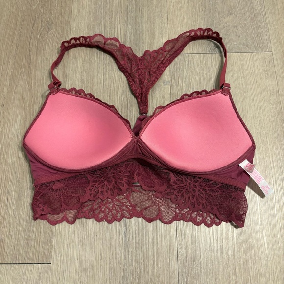 Victorias Secret PINK Womens Bralette Small Burgundy Red Lace Racerback Wireless - Picture 8 of 13